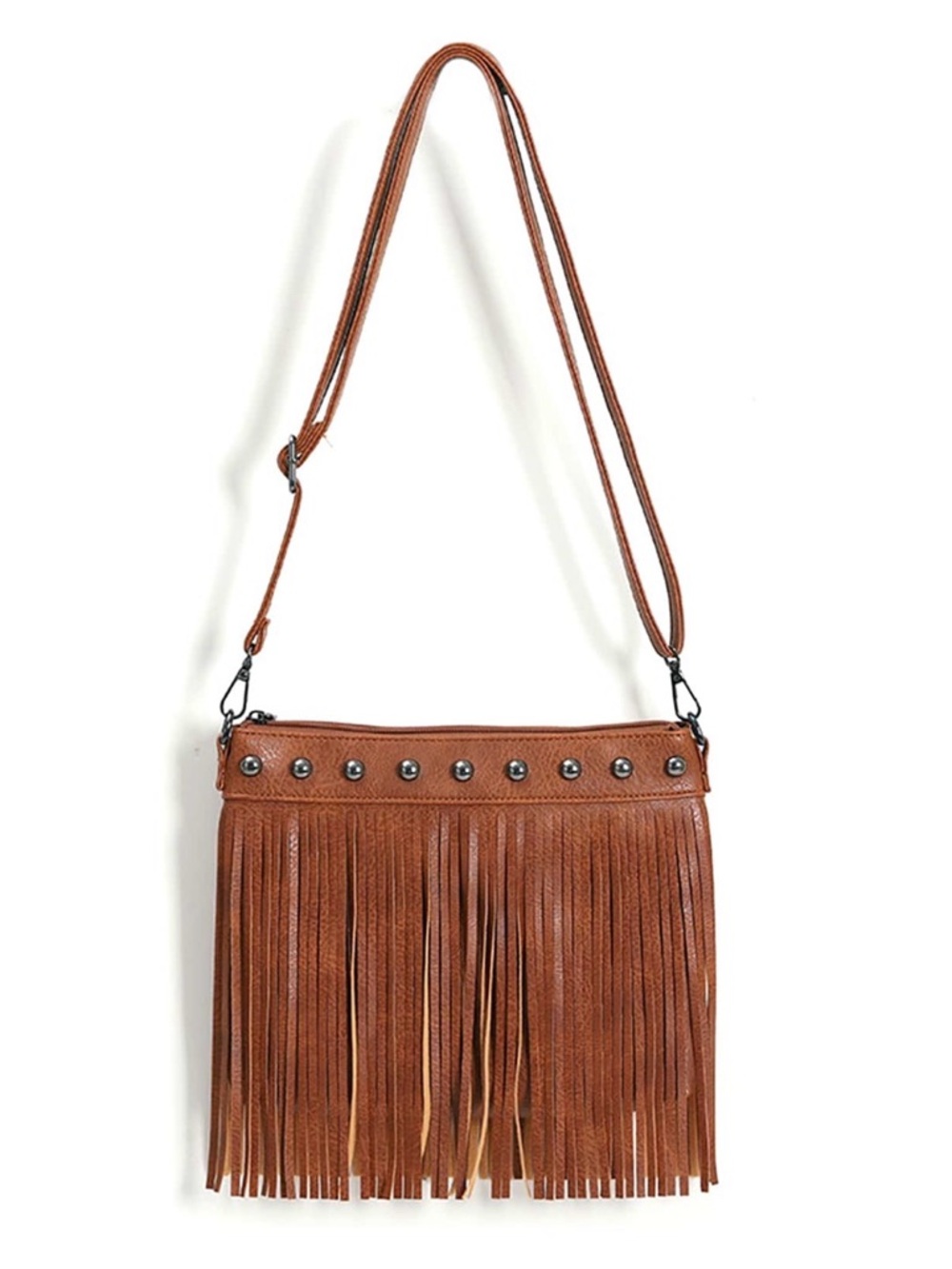 Brown Fringe Crossbody Bag with Stud Detail
